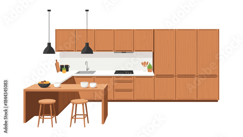 Contemporary and inviting kitchen interior design, showcasing rich wooden cabinetry, a practical island with stools, and chic pendant lights.