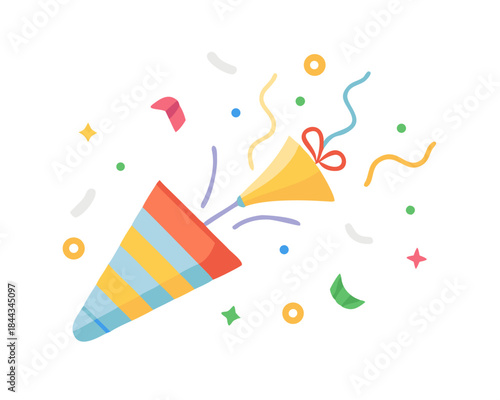 A party popper that explodes, releasing colorful streamers and small pieces of paper.
