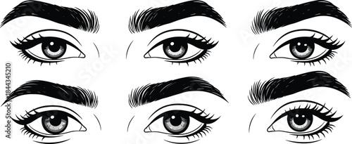 Collection of Female Eyes and Eyebrows Vector Set Six Different Styles Makeup Look Beauty Cosmetic Graphic Element Face Part Illustration Woman Fashion Design Template