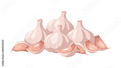 Bountiful pile of fresh whole garlic bulbs arranged with several conveniently peeled cloves, ready for culinary use.