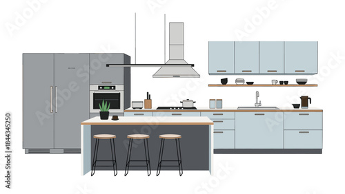 Spacious and contemporary light blue kitchen interior, complete with a large refrigerator, a functional island with stools, and modern appliances.