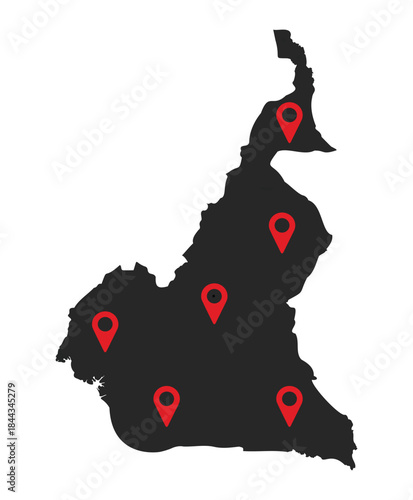 Cameroon grey Silhouette Map with Red GPS Pins Vector 