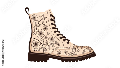 Fashionable light beige combat boot featuring an elegant and detailed floral line art pattern, perfect for unique style.
