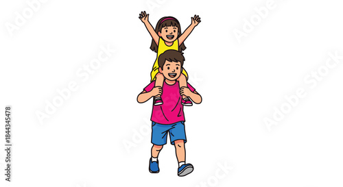 A cartoon boy carrying a girl on his shoulders with arms raised in a playful pose against a clean white background.