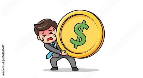 Cartoon businessman struggling to hold up a large gold coin with a green dollar sign on a plain white background.