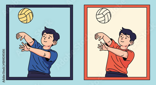 Illustration of two cartoon boys playing volleyball in contrasting colored panels with a playful mood.