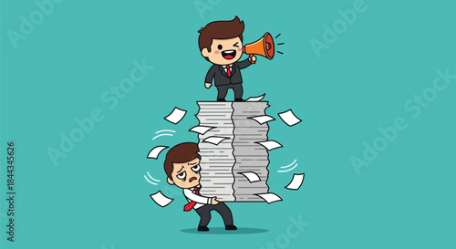 Cartoon illustration of a man holding a large stack of papers with another man on top using a megaphone against a teal background.