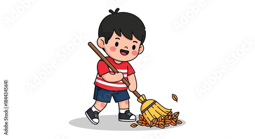 A cheerful young boy in a red shirt sweeping leaves with a yellow broom on a white background.