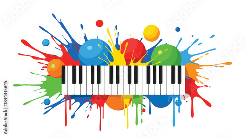 Vibrant and artistic representation of a piano keyboard engulfed in an explosion of colorful paint splatters and dynamic bubbles.