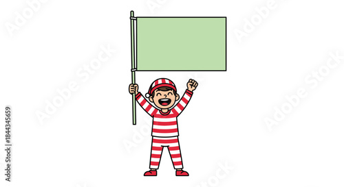 A cartoon character in a red and white striped outfit holding up a blank sign on a white background.