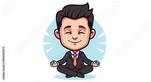 Cartoon illustration of a smiling businessman in a suit meditating with closed eyes against a light blue circular background.