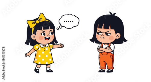 Two cartoon children, a girl with a yellow bow and dress talking to a boy with a frowning expression, against a plain white background with a conversational mood.