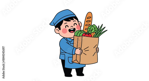 A cheerful cartoon delivery man holding a brown paper bag filled with fresh produce and bread.