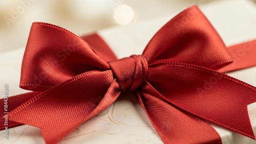 Close up of red satin bow on beige gift box, elegant holiday present detail

