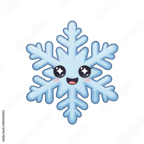 Cute cartoon snowflake with smiling face and sparkly eyes on black background