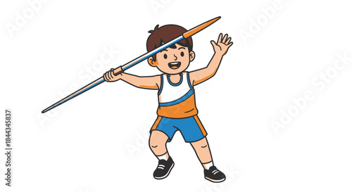 A cartoon boy in athletic wear throwing a javelin with a joyful expression on a plain white background.