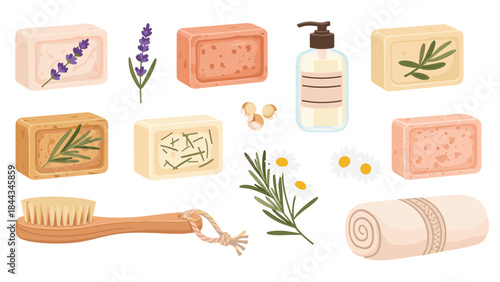 Soothing collection of natural bath and spa products, including herbal soap bars, liquid soap, a body brush, a rolled towel, and fresh herbs.