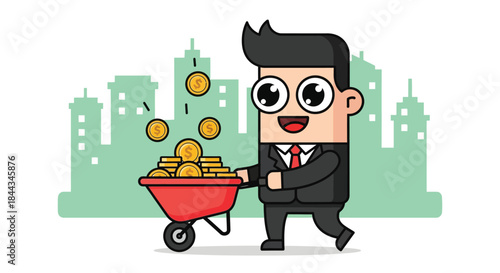 Cartoon businessman pushing a red wheelbarrow filled with gold coins in front of a city skyline with a cheerful expression.