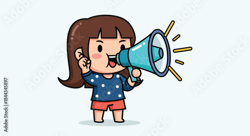 A cartoon girl holding a megaphone and making a loud announcement with a cheerful expression on a light blue background.