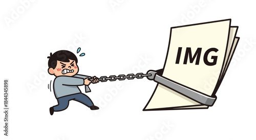 A cartoon man struggling to pull a chain attached to a stack of papers labeled IMG on a plain white background.