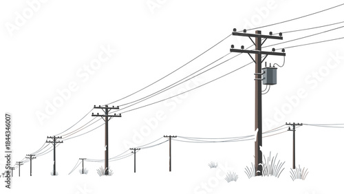 Vast winter landscape featuring a lengthy procession of wooden utility poles, complete with power lines and a transformer, stretching across snowy terrain.