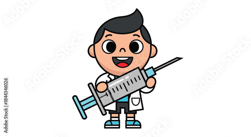Cartoon illustration of a cheerful young doctor holding a large syringe in a white lab coat against a clean white background with a playful mood.