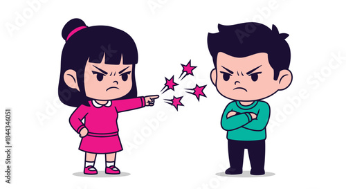 Cartoon illustration of an angry little girl pointing at a boy with stars around her finger, both standing against a clean white background with a conflicted mood.