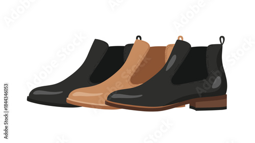 Fashionable display of three pairs of women's elegant Chelsea boots in varying shades of black, light brown, and classic dark brown.