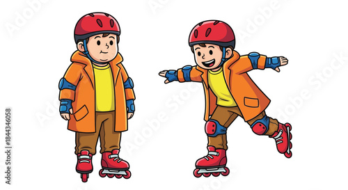 Two cartoon boys wearing orange jackets and red helmets skating on rollerblades with protective gear on a plain white background.