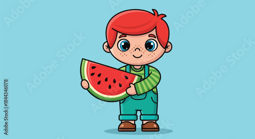 A cheerful cartoon boy holding a slice of watermelon against a light blue background with a green outfit.