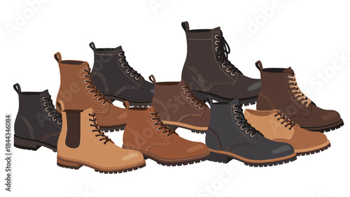 Diverse and rugged collection of men's and women's boots, including combat boots, Chelsea boots, and lace-up styles in various brown and black shades.