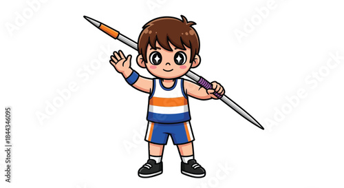 A cartoon boy in athletic wear holding a javelin in a waving pose against a plain white background with a playful mood.