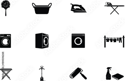 Silhouette of household laundry and cleaning tools and appliances icons