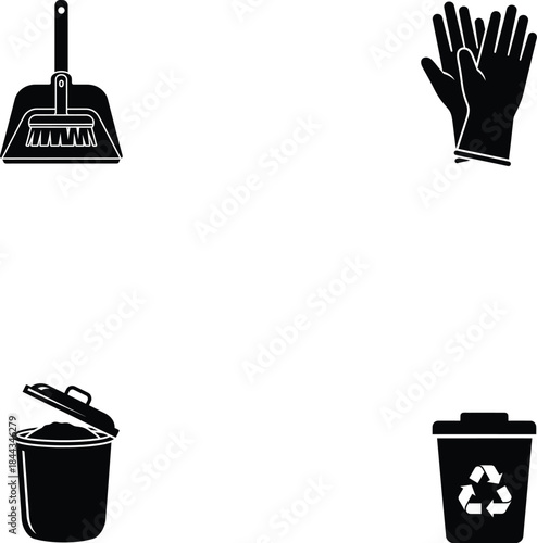 Silhouette of cleaning tools and waste management icons
