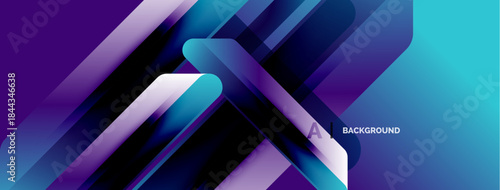 Abstract geometric design. Layers overlap, creating dynamic visual effect. Blue, purple hues dominate composition. Modern, sleek aesthetic.