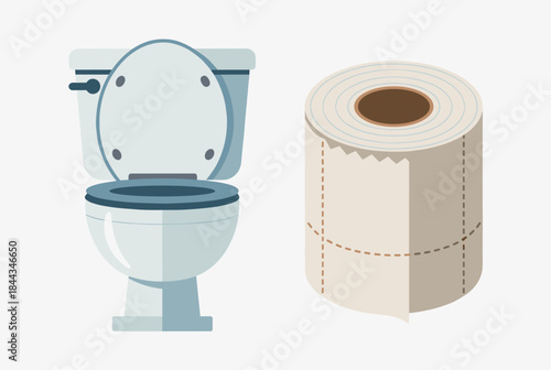 A white toilet with an open lid and a roll of toilet paper.