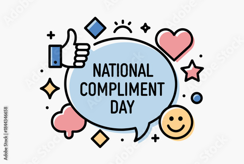 A vibrant graphic celebrating National Compliment Day with a speech bubble, thumbs-up, heart, star, and smiley face icons on a white background.