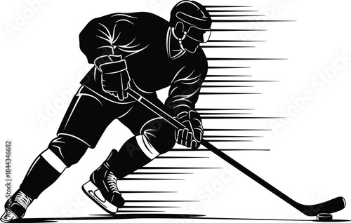 Dynamic Ice Hockey Player Silhouette Vector Illustration Skating Fast with Stick Puck Motion Lines Aggressive Sport Action Game Energy Championship Tournament Logo Graphic Element