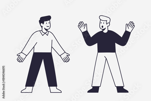 Two minimalist cartoon men, one smiling with open hands, the other surprised with raised hands and open mouth, in a simple line art style.
