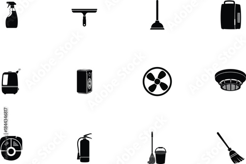 Silhouette of various household and electronics items in black and white