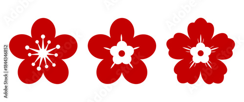 Isolated Asian flower icon set with bold red petals and minimal geometric stamen design for cultural branding decorative patterns packaging labels and festive visual identity