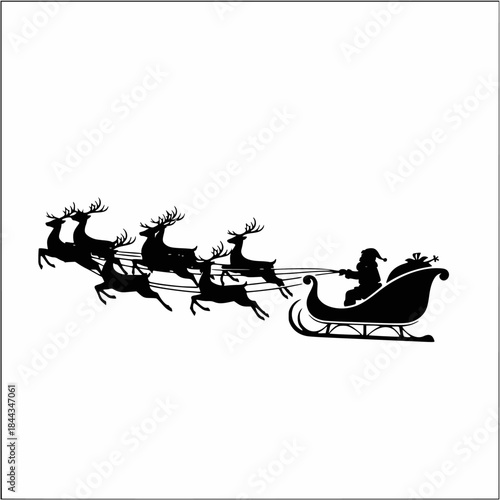Silhouette of Santa Claus in a sleigh pulled by six flying reindeer, depicting a classic Christmas scene.