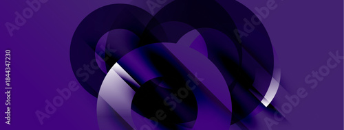 Abstract purple design features overlapping curved shapes. Smooth gradients create depth, modern aesthetic. Minimalist composition.
