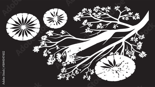 Abstract white dandelion seed heads and branches against a dark background