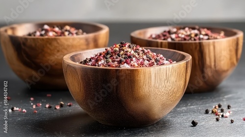 Fototapeta Naklejka Na Ścianę i Meble -  Wooden bowls filled with colorful spices and herbs close up