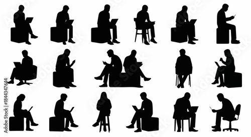 Set of the people silhouette working with digital devices 