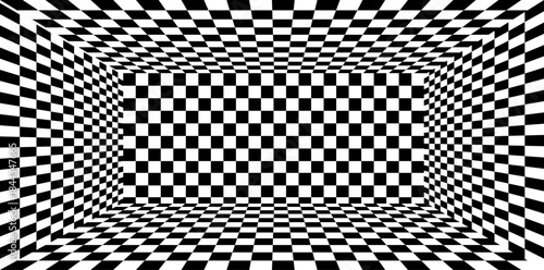 Abstract black and white checkerboard pattern with optical distortion effect.