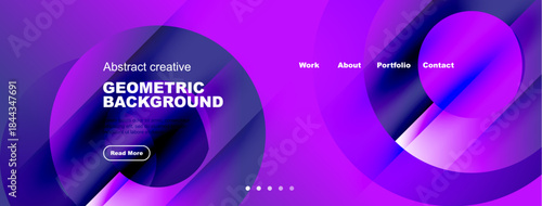 Modern website header design. Purple gradients, geometric shapes, text elements, navigation menu present. Clean, stylish presentation.