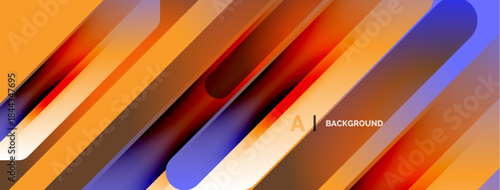 Abstract design features vibrant orange, blue, red gradients. Dynamic lines create modern, sleek visual effect. Smooth transitions dominate composition.