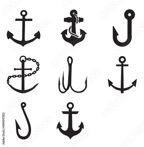 Nautical Anchor Symbol Set Marine Sea Vintage Icons Ocean Ship Illustration